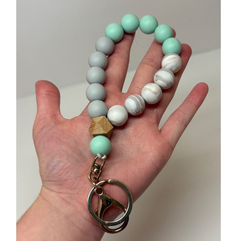 DZY CRK Silicone Bead Keychain Wristlet Mint Grey Marble Wood